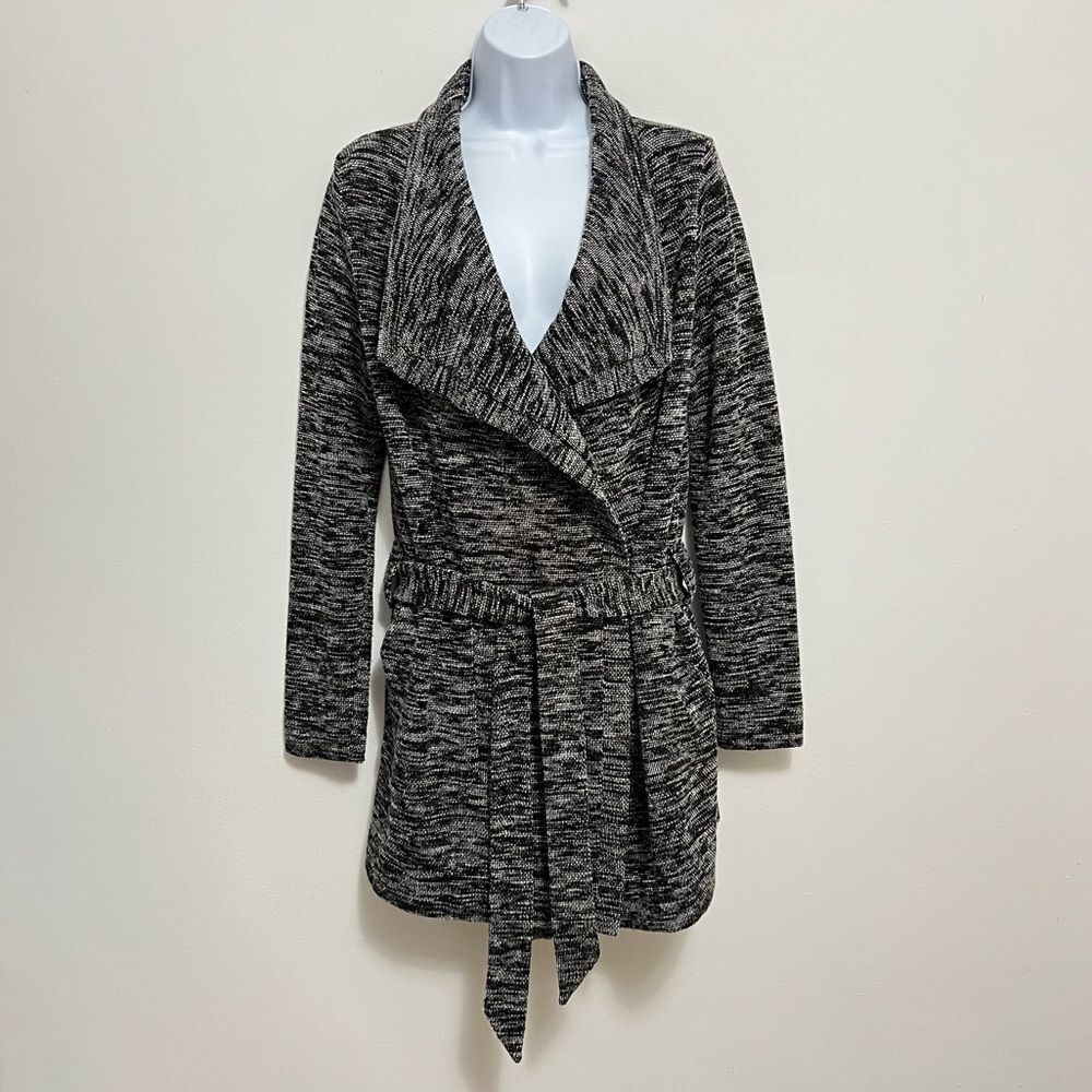 Loft Black and White Tweed Knit Sweater Blazer with Tie Size Small